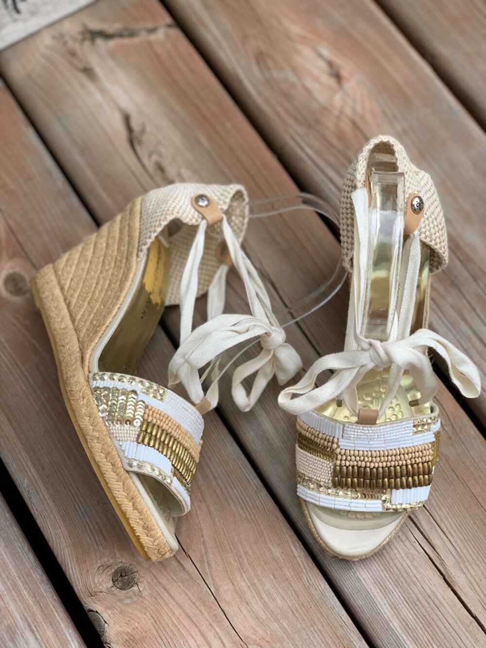 Donald J Pliner Espadrille Wedge Sandals 8 White Elsa Beaded Lace Up Boho Shoes